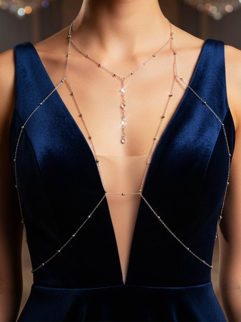Sparkly Beads Bra Chain Silver Crystal Chest Chains Rhinestone Layered Sexy Nigh - Picture 3 of 7